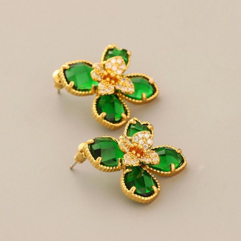 Kolczyki ze stali szlachetnej pozłacane 14k złotem, cyrkonie zielone kwiaty KST3472 - obrazek 2