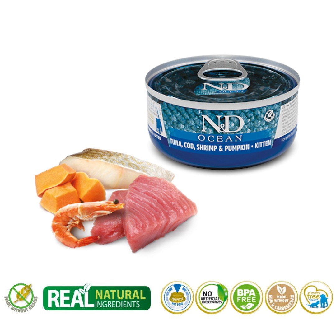 FARMINA N&D CAT OCEAN TUNA,COD,SHRIMP&PUMPKIN KITTEN - mokra karma dla kociąt - 70 g - obrazek 3