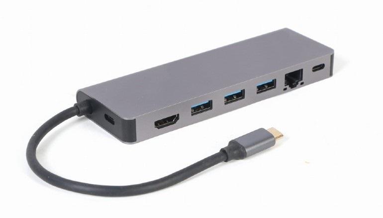 Adapter USB-C męski do Hub 3.0 + HDMI + PD + czytnik kard + RJ-45 Gembird A-CM-COMBO5-05 - obrazek 2