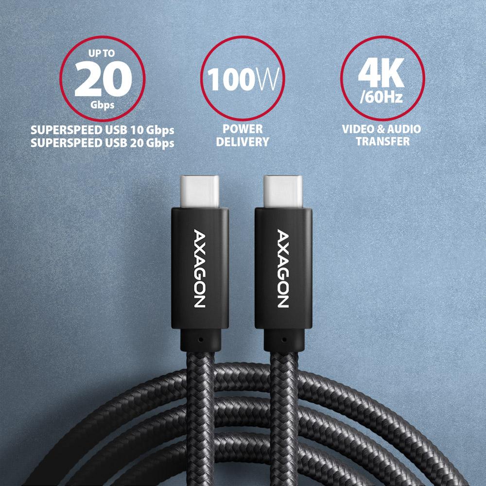 Kabel USB-C 3.2 Gen 2 PD 100W, 5A, 2m czarny Axagon - obrazek 2