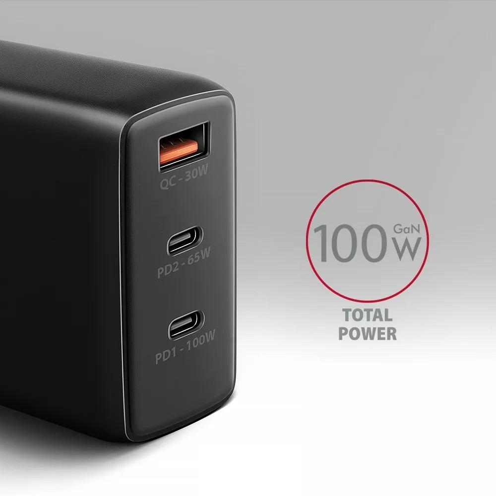 Ładowarka sieciowa GaN Axagon ACU-DPQ100 1xUSB-A + 2x USB-C 100W czarna - obrazek 2