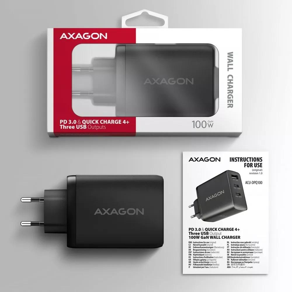Ładowarka sieciowa GaN Axagon ACU-DPQ100 1xUSB-A + 2x USB-C 100W czarna - obrazek 7