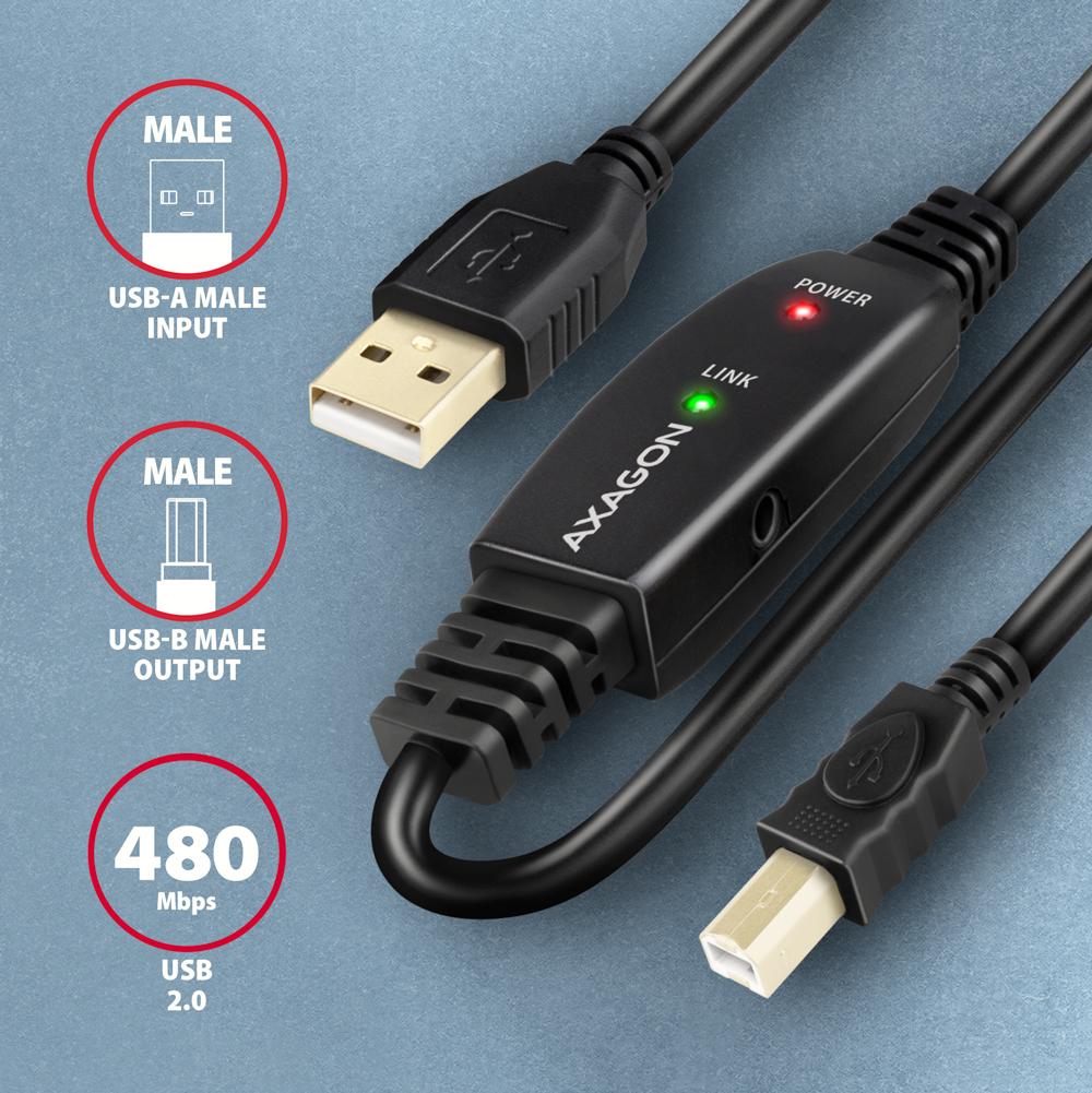 Aktywny kabel połączeniowy/wzmacniacz USB 2.0 A-M -> B-M 10 m czarny Axagon - obrazek 2