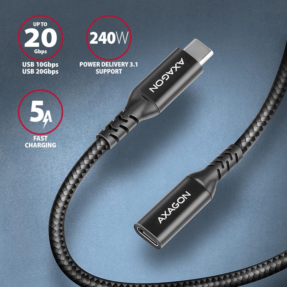 Kabel przedłużacz USB-CM - USB-CF 3.2 Gen 2 PD 240W 1.5m czarny Axagon - obrazek 2