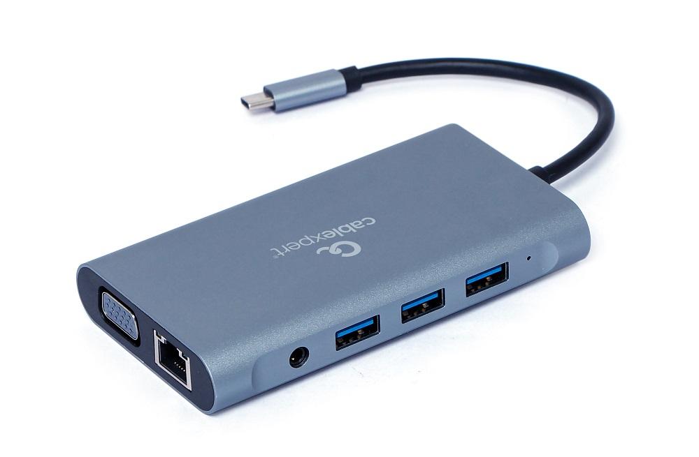 Adapter USB-C męski do Hub3.0 + HDMI + VGA + PD + czytnik kart + audio jack Gembird szary - obrazek 2