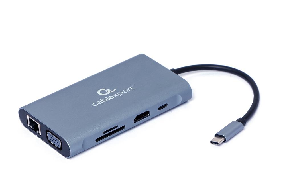 Adapter USB-C męski do Hub3.0 + HDMI + VGA + PD + czytnik kart + audio jack Gembird szary - obrazek 3