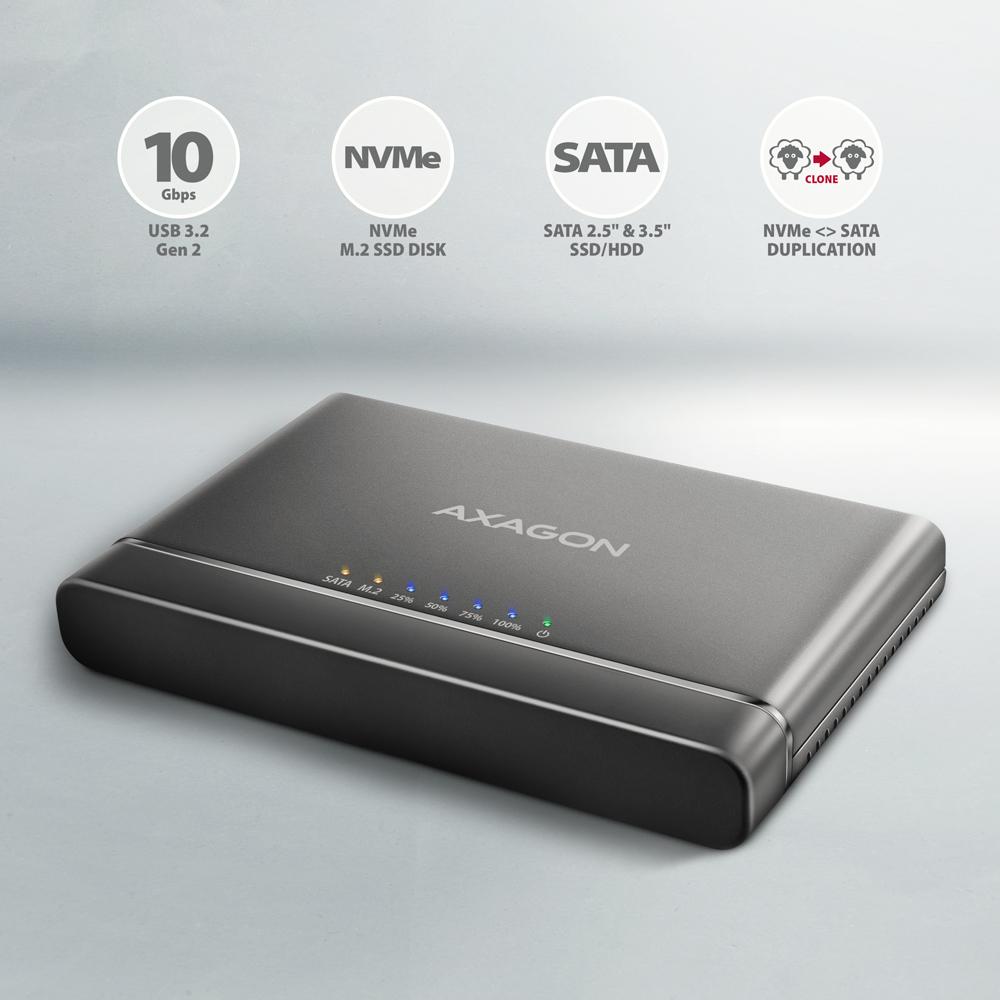Stacja dokująca Axagon ADSA-CC USB-C 3.2 G2 - 1x SATA 6G 2,5" SSD/HDD + 1x NVMe SSD z funkcją klonowania - obrazek 2