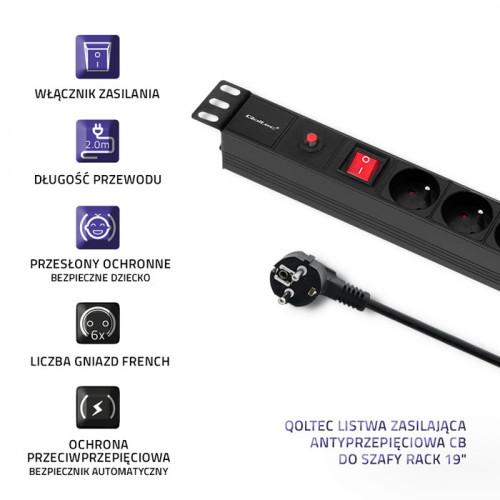 Listwa zasilająca antyprzepięciowa Qoltec do szafy RACK 19 1U 16A PDU 6xFRENCH 2m czarna - obrazek 4