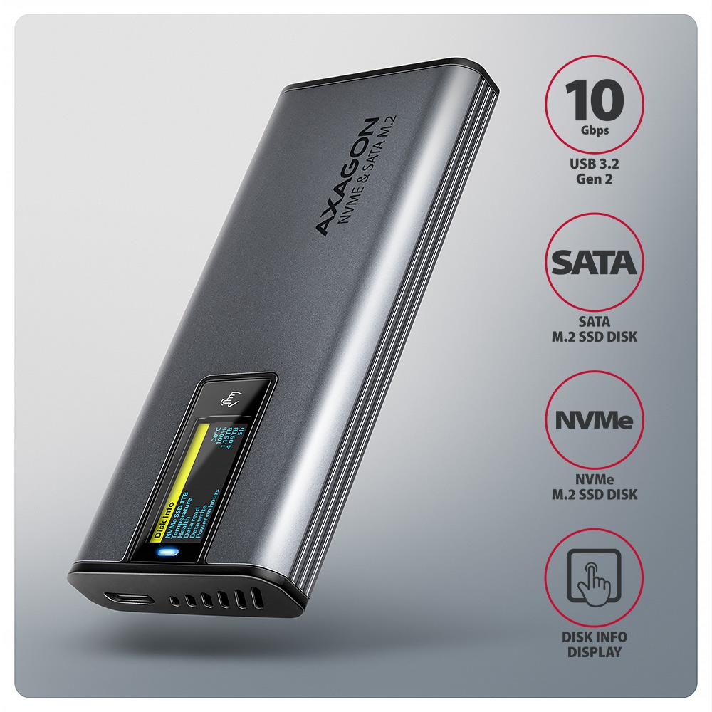 Obudowa zewnętrzna Axagon aluminiowa bezśrubowa, wyśw. LCD, do dysków M.2 NVMe & SATA SSD/ USB-C 3.2 G2 szara - obrazek 3