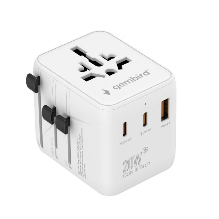 Uniwersalny adapter zasilania Gembird TPA-1A2C20-01-W z ładowarką 2x USB-C, 1x USB-A, 20W Gan biały - obrazek 6