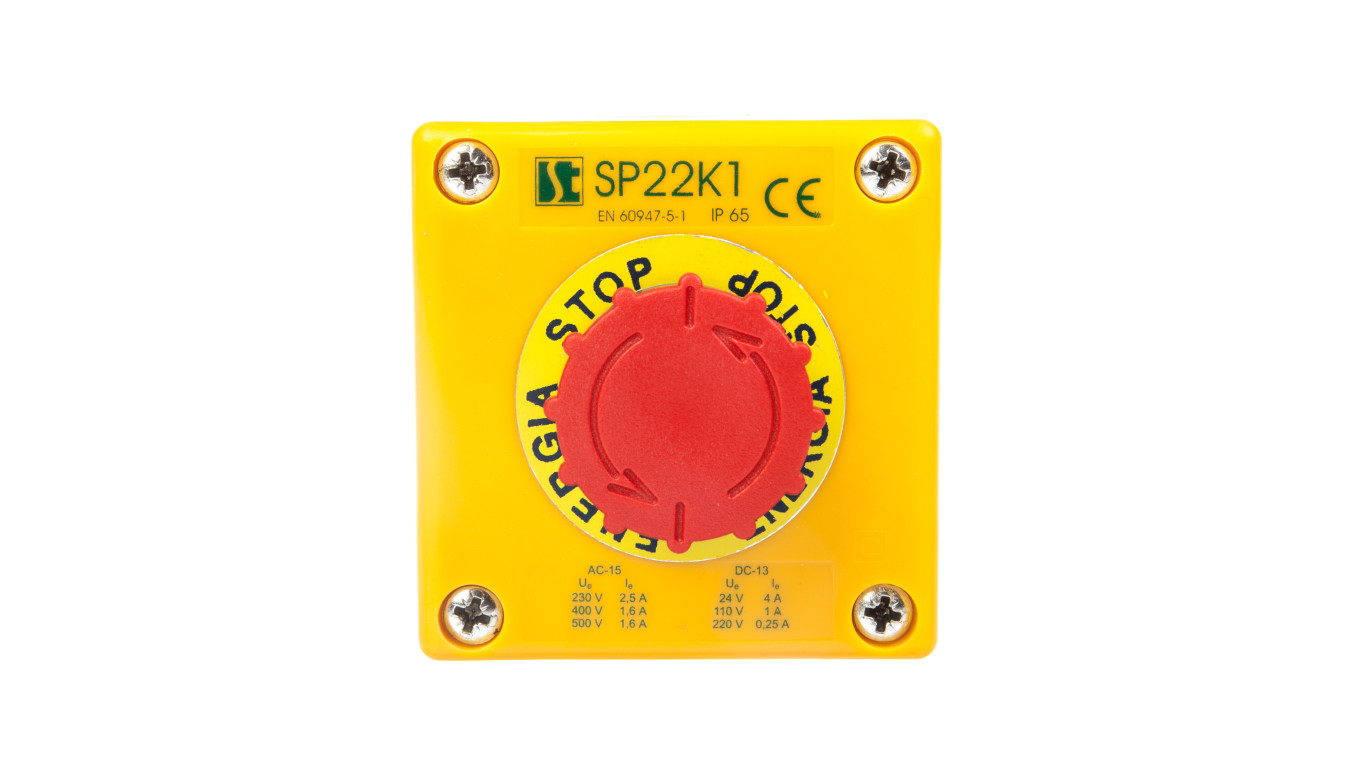 Kaseta z przyciskiem bezpieczeństwa przez obrót 1R IP65 żółta 1x dławnica M20 SP22K15-1