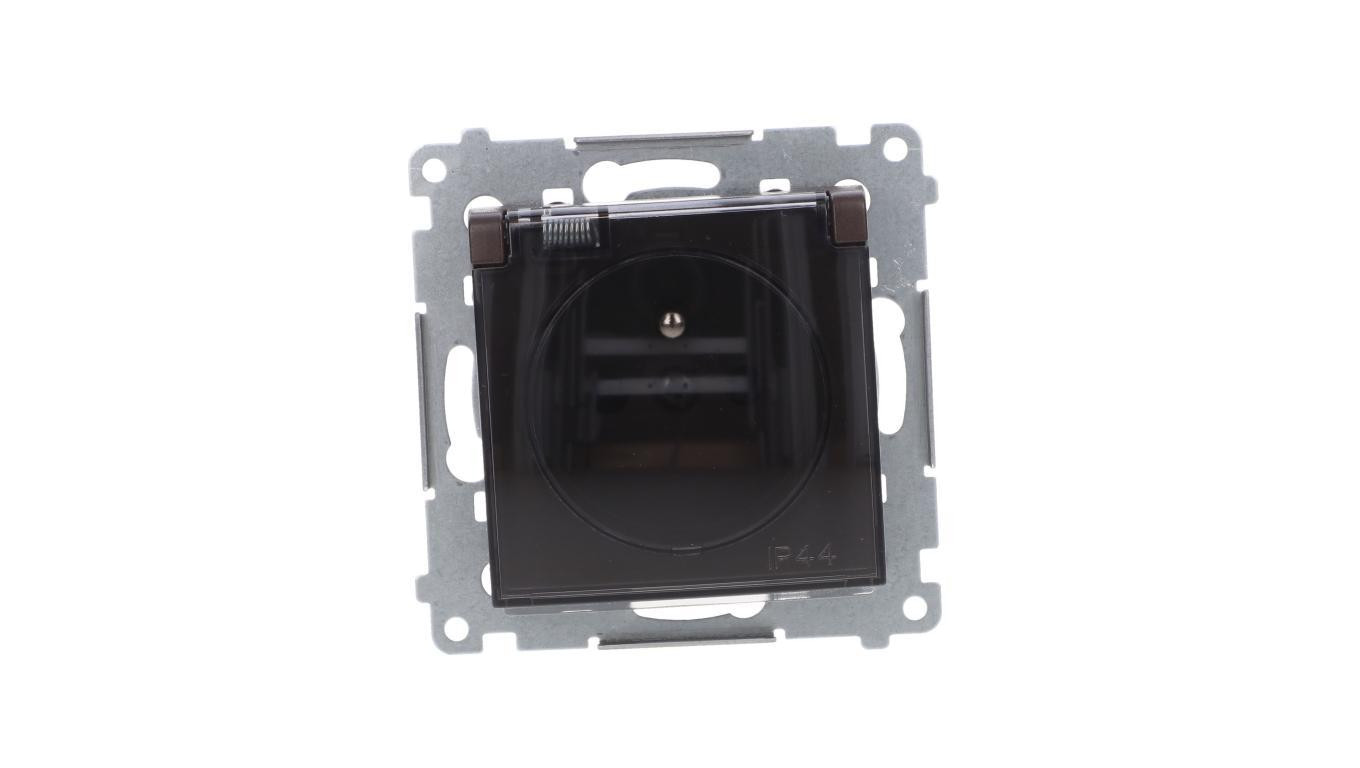 Simon 54 Gniazdo bryzgoszczelne (bez uszczelki) IP44 z przesłoną torów z klapką brąz mat DGZ1BUZ.01/46A