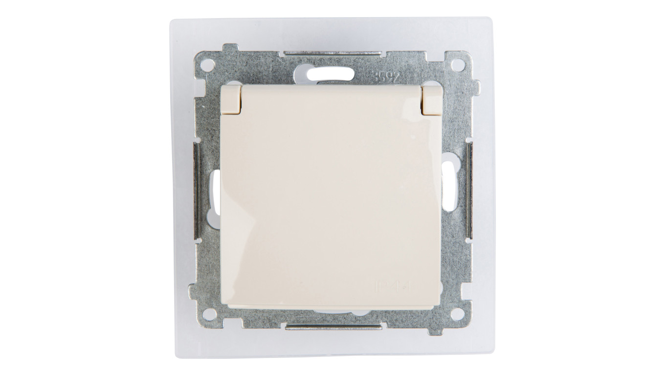 Simon 54 Gniazdo bryzgoszczelne z/u IP44 z przesłoną torów i klapką pełną kremowe DGZ1BZ.01/41